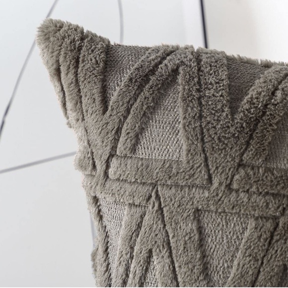 Luxury Home | Boho Chic Taupe Geo Short Wool Faux Fur Lumbar Throw Pillow Covers - Picture 4 of 6